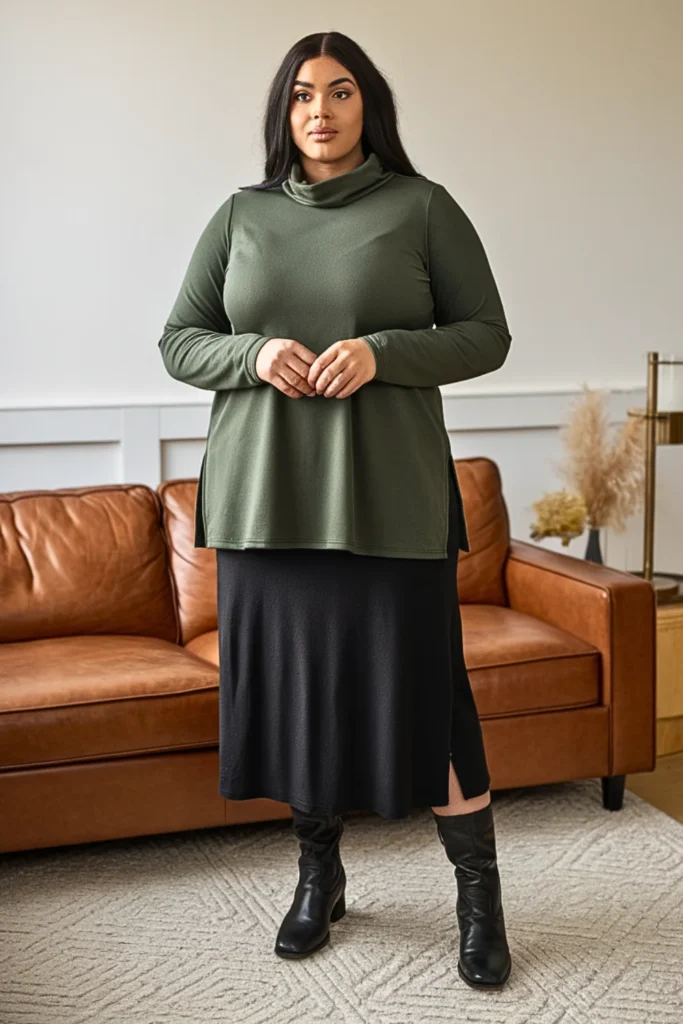 Plus Size Funnel Neck Tunic with Fleece Skirt Outfit