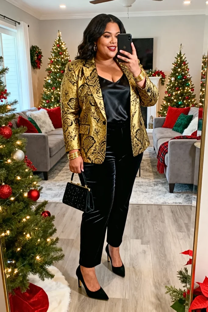 Plus Size Gold Jacquard Blazer With Black Velvet Cigarette Pants Outfit