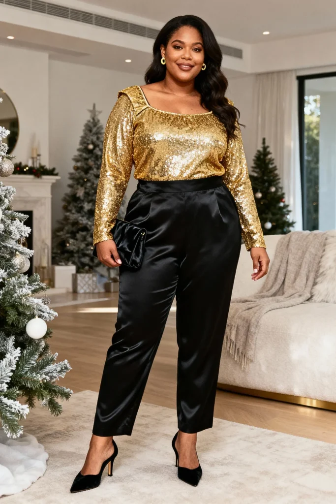 Plus Size Gold Sequin Top with Black Satin Trousers Outfit