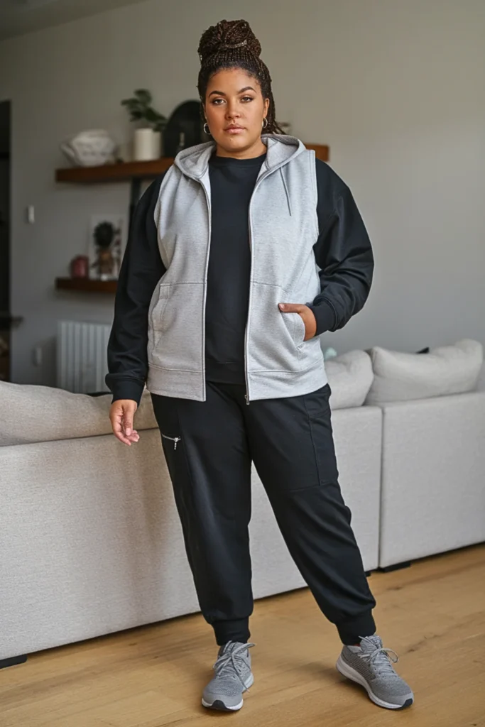 Plus Size Gray Melange Hooded Vest with Sweatshirt Outfit