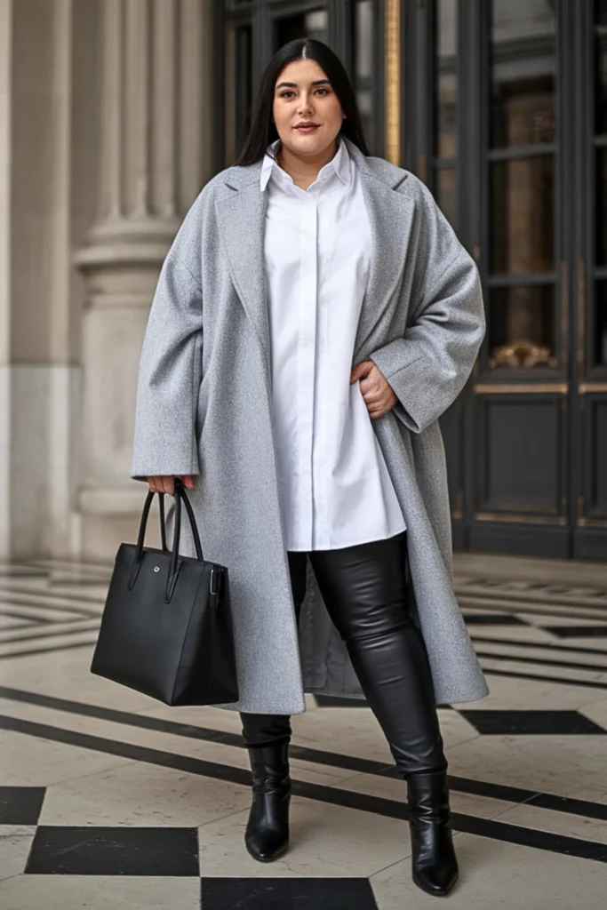 Plus Size Gray Oversized Coat with Leather Leggings Outfit