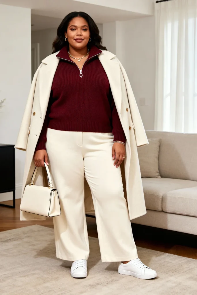 Plus Size Half-Zip Sweater with Wide-Leg Pants Casual Chic Style
