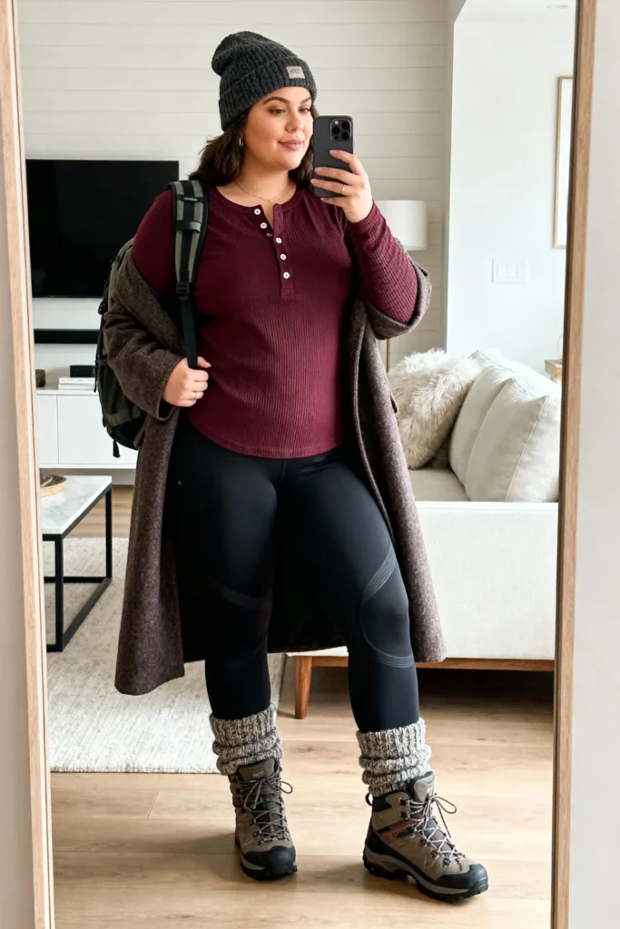 Plus Size Henley with Thermal Leggings Cold Weather Active Outfit