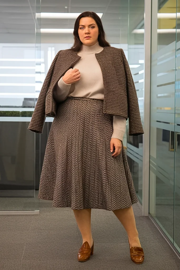 Plus Size Herringbone Skirt with Merino Sweater and Cropped Jacket