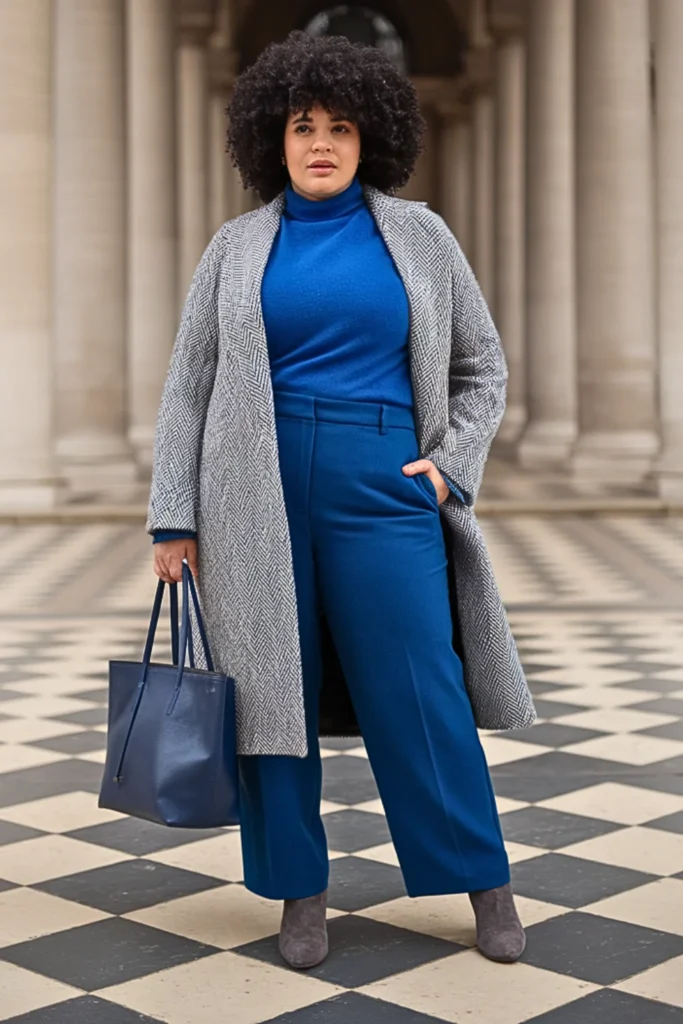 Plus Size Herringbone Wool Coat with Jewel Tones Outfit