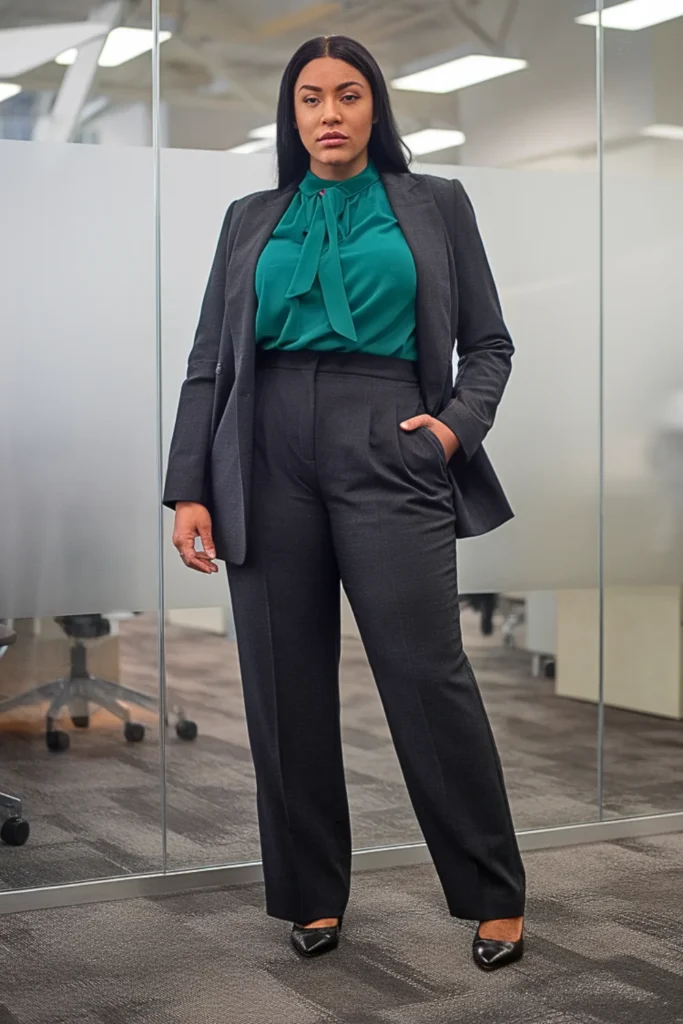 Plus Size High-Waisted Trousers with Jewel-Tone Blouse and Structured Blazer