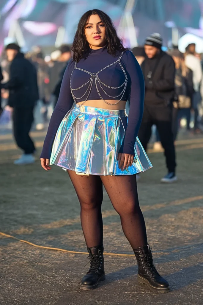 Plus Size Hologram Skirt with Chain-Detailed Crop Crop Top