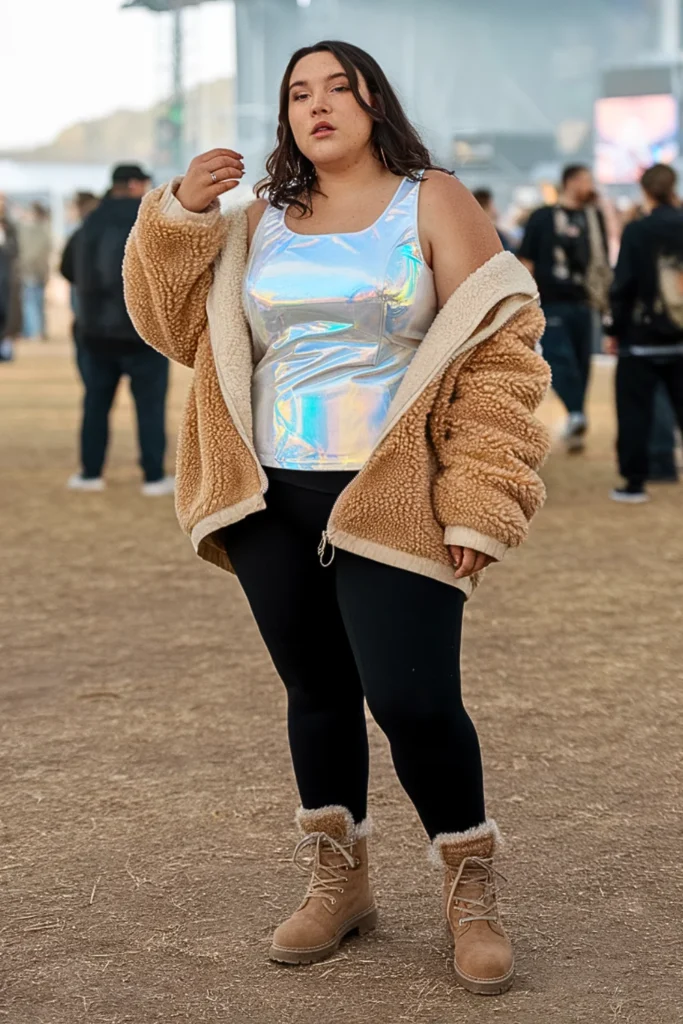 Plus Size Hologram Tank with Oversized Sherpa Jacket