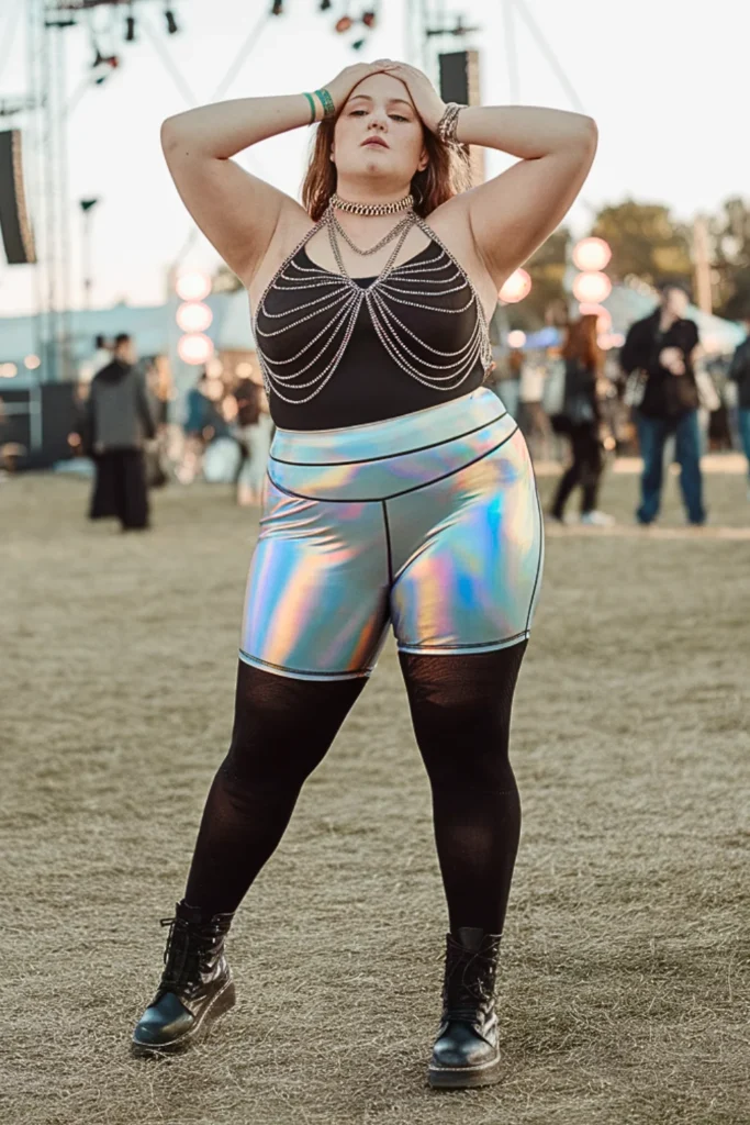 Plus Size Holographic Biker Shorts with Chain Halter Top