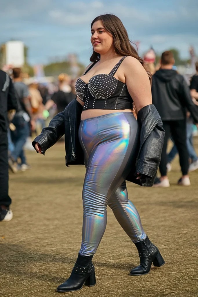 Plus Size Holographic Leggings with Studded Bustier Top