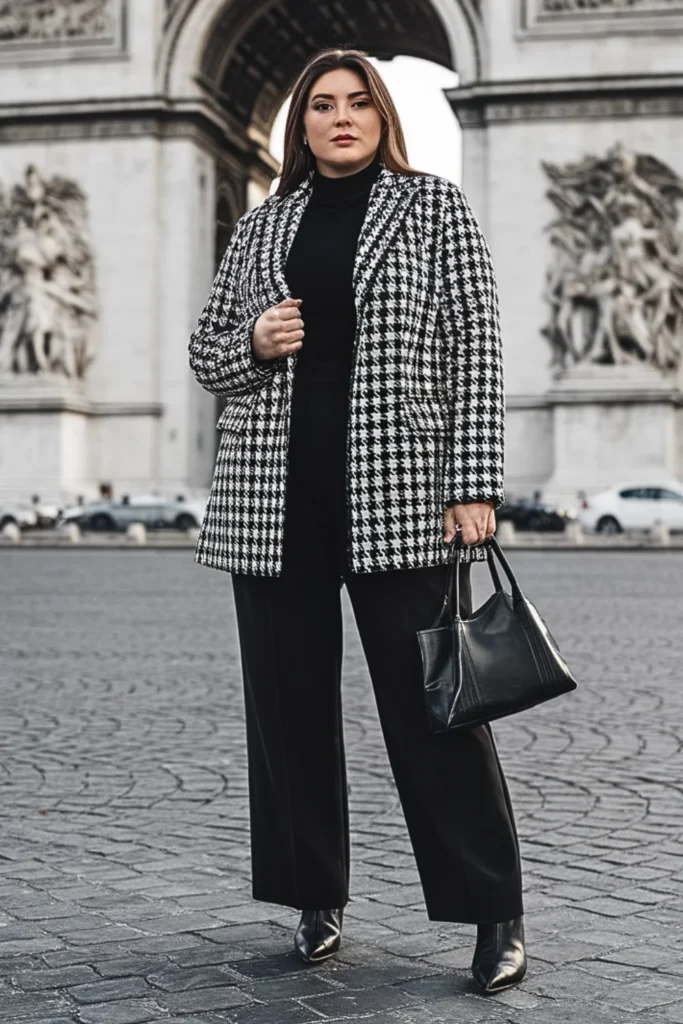 Plus Size Houndstooth Blazer Coat with Monochrome Outfit
