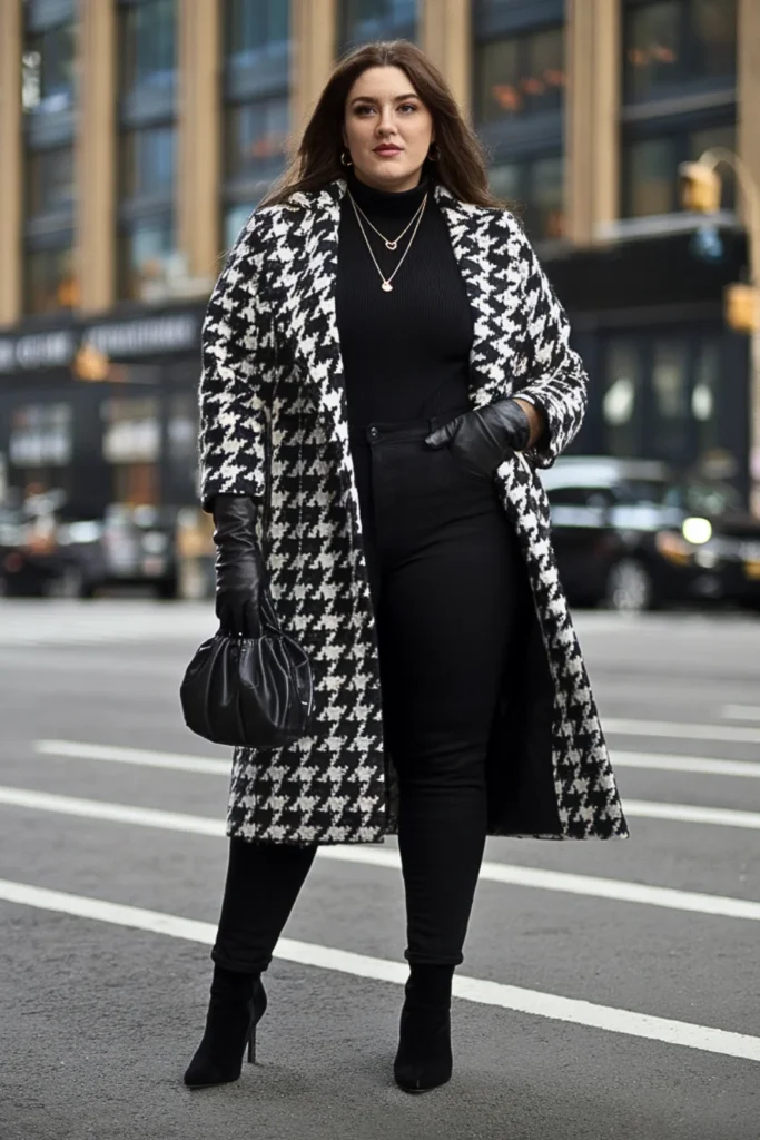 Plus Size Houndstooth Coat with All-Black Base Winter Outfit