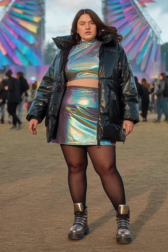 Plus Size Iridescent Two-Piece Set with Puffer Jacket