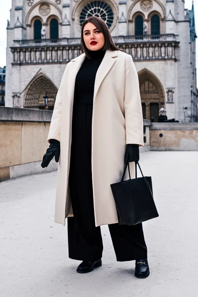 Plus Size Ivory Wool Coat with Dark Contrast Outfit