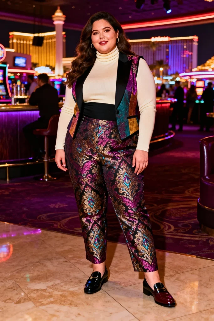Plus Size Jacquard Pants with Fitted Turtleneck and Loafers Outfit