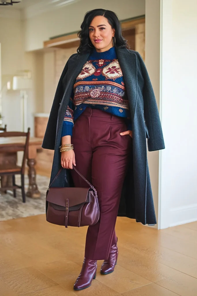Plus Size Jacquard Pattern Sweater with Wool Trousers Outfit