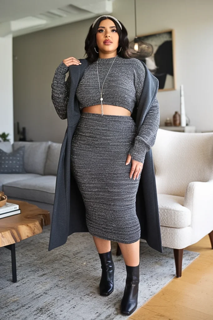 Plus Size Knit Co-ord Set with Metallic Accents Winter Outfit