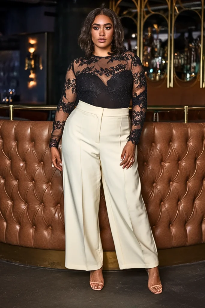 Plus Size Lace Bodysuit With High Waisted Pants Outfit