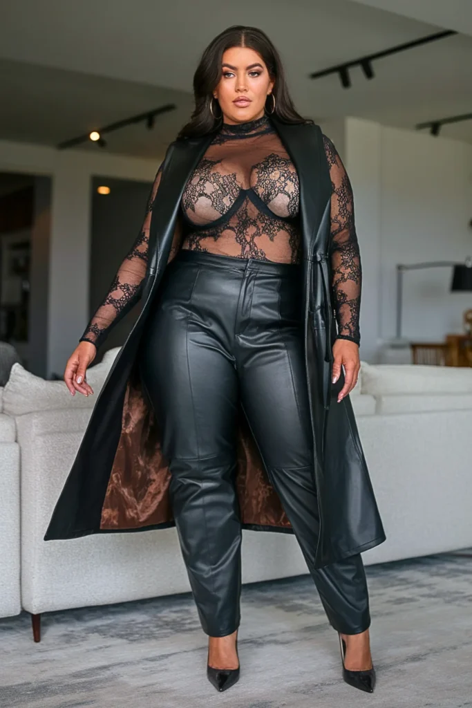 Plus Size Lace Bodysuit With Leather Pants Goth Outfit