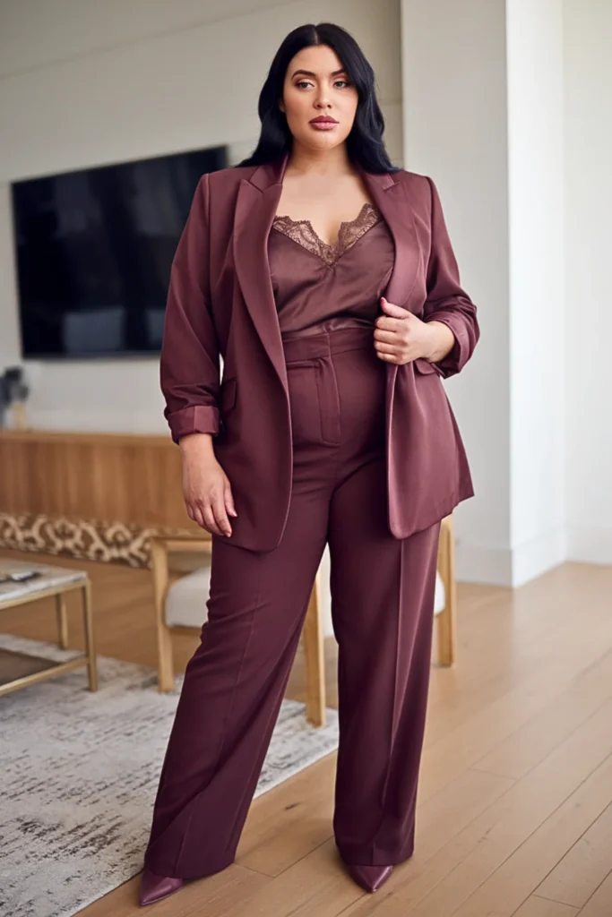 Plus Size Lace Cami Under Suit Outfit