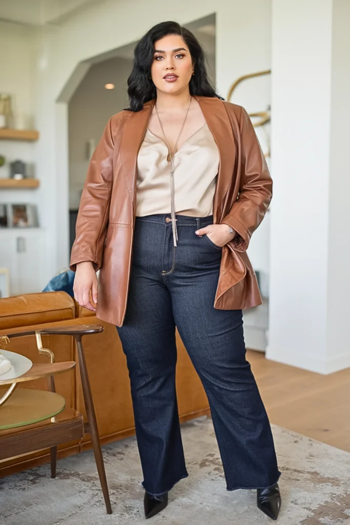 Plus Size Leather Blazer and Silk Camisole with Jeans Winter Outfit