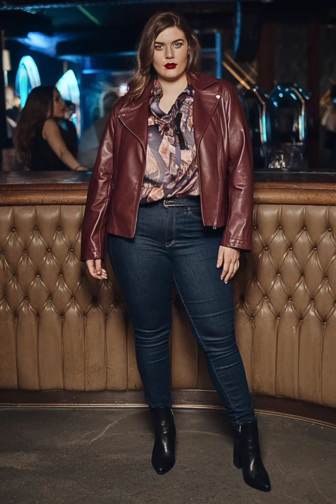 Plus Size Leather Jacket With Silk Blouse Outfit