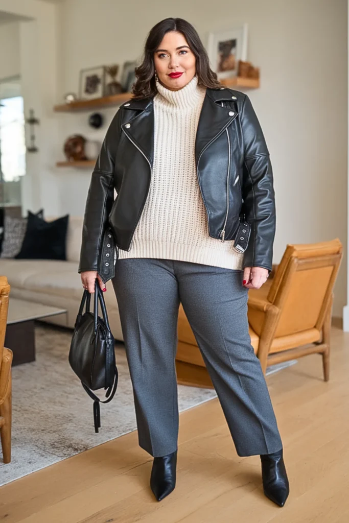 Plus Size Leather Jacket with Sweater and Trousers Winter Outfit