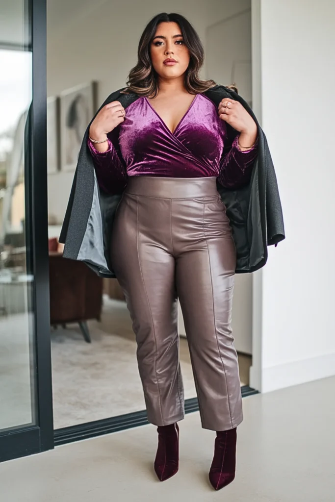 Plus Size Leather Pants and Velvet Bodysuit Outfit