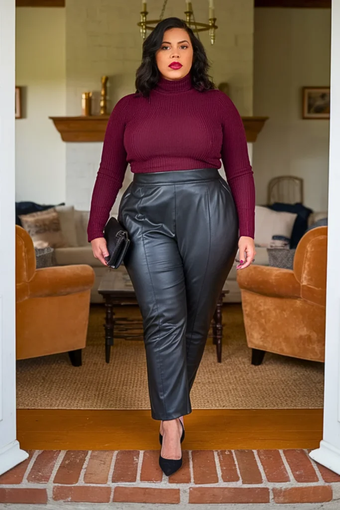 Plus Size Leather Pants with Fitted Turtleneck
