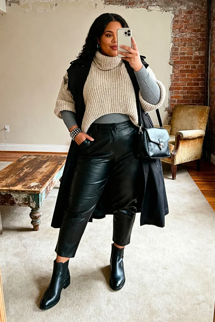 Plus Size Leather Pants with Knit Sweater Outfit