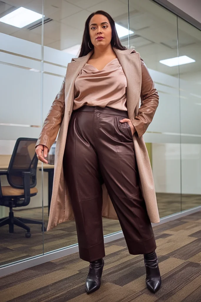 Plus Size Leather Pants with Silk Camisole and Wool Vest