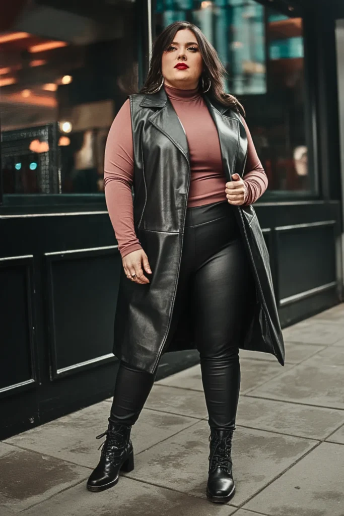 Plus Size Leather Vest With Turtleneck Outfit