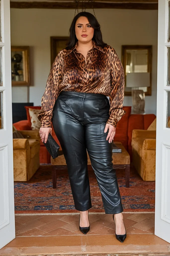 Plus Size Leopard Print Blouse with Leather Pants