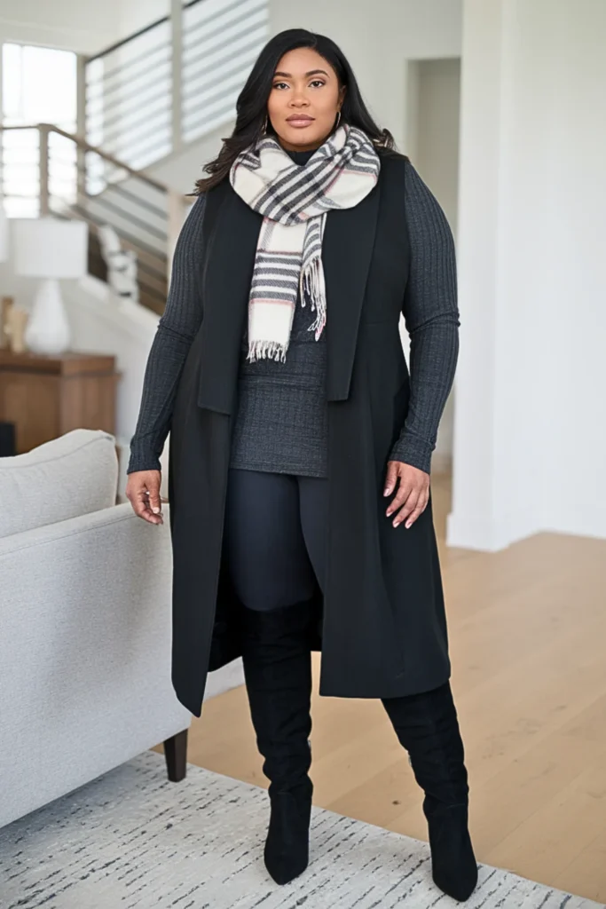 Plus Size Longline Black Vest Coat with Leggings Outfit
