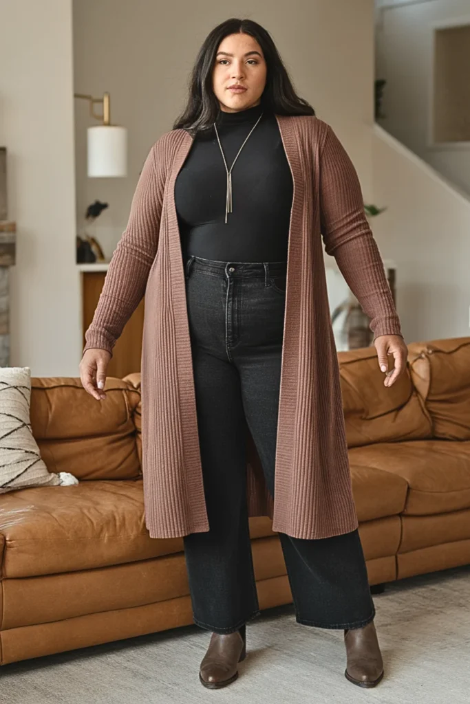 Plus Size Longline Cardigan With Turtleneck And Jeans Outfit