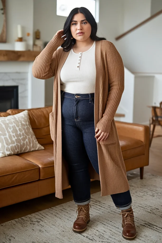 Plus Size Longline Cardigan with Henley and Jeans Outfit
