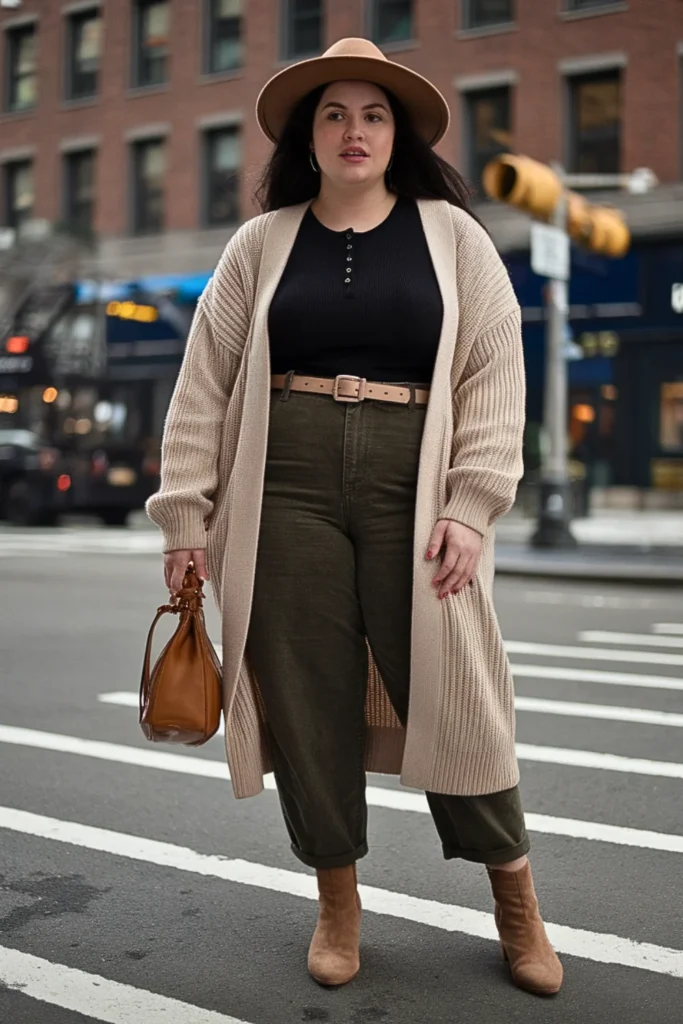 Plus Size Longline Cardigan with Thermal Layers Winter Outfit