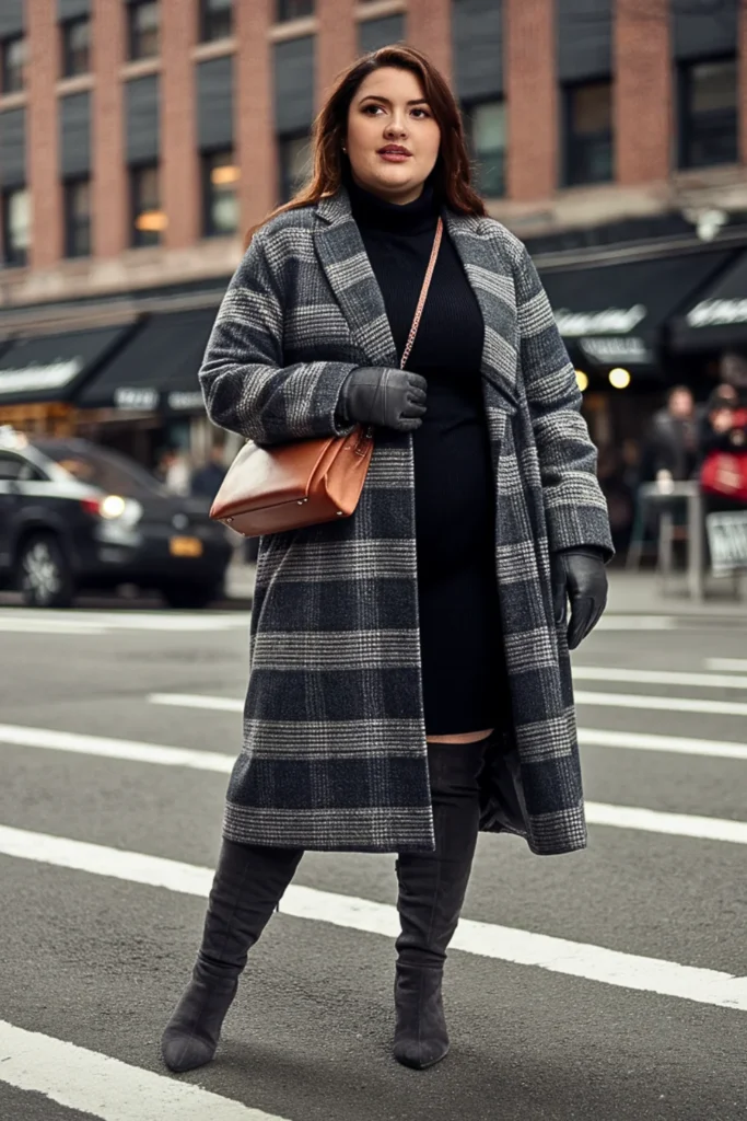 Plus Size Longline Plaid Coat with Turtleneck Dress Winter Outfit