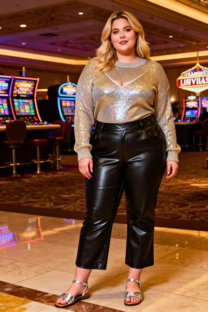 Plus Size Lurex Knit Sweater with Faux Leather Pants and Metallic Sandals Outfit