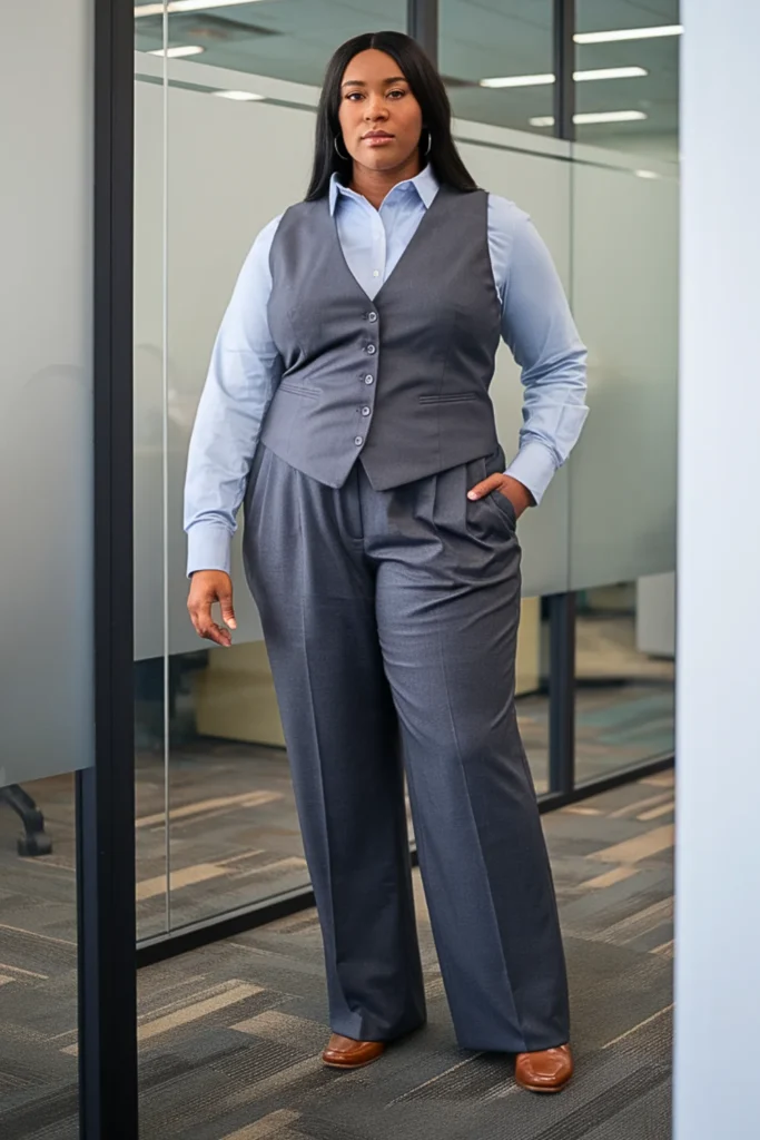 Plus Size Menswear-Inspired Trousers with Oxford Shirt and Vest