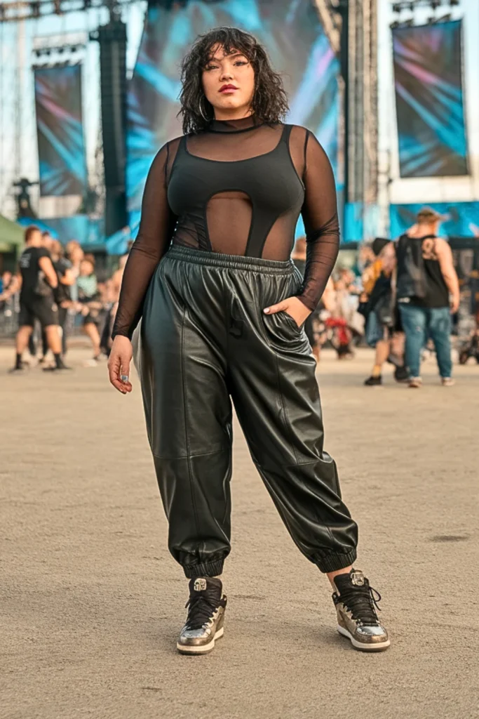 Plus Size Mesh Bodysuit with Leather Joggers EDC Style