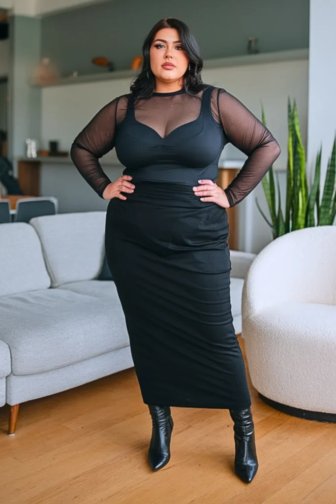 Plus Size Mesh Long Sleeve With Camisole Layering Outfit