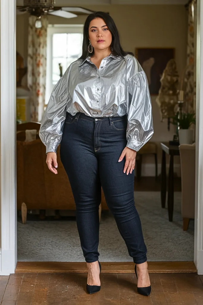 Plus Size Metallic Blouse with Dark Jeans Going Out