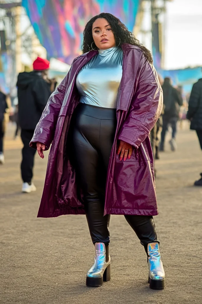 Plus Size Metallic Bodysuit with Faux Leather Jacket Festival Look