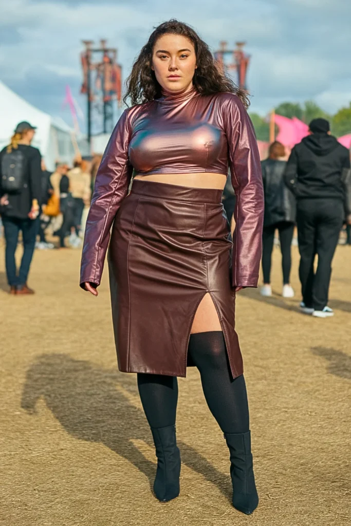 Plus Size Metallic Crop with Leather Skirt NYE Ensemble