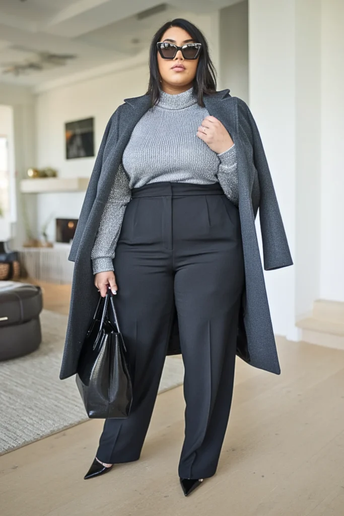 Plus Size Metallic Knit Sweater and Tailored Trousers Winter Outfit