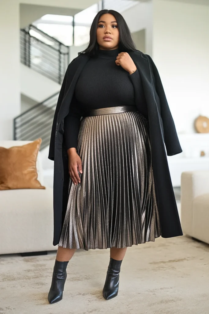Plus Size Metallic Pleated Skirt Outfit