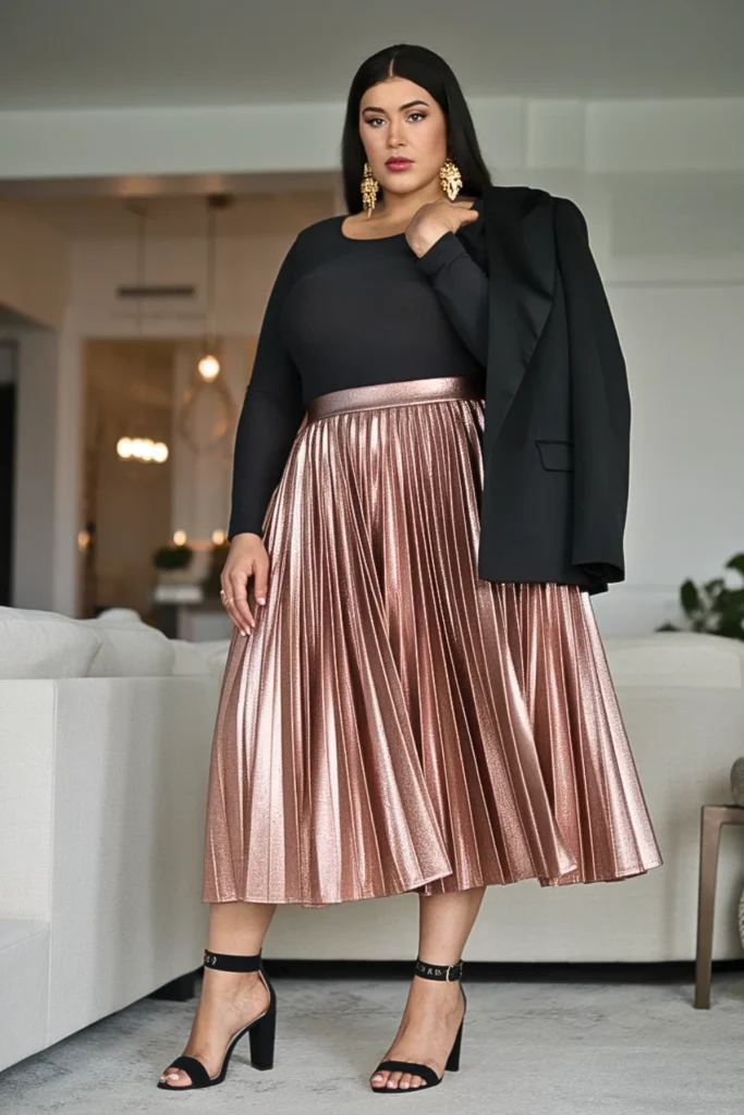 Plus Size Metallic Pleated Skirt and Black Bodysuit Winter Outfit