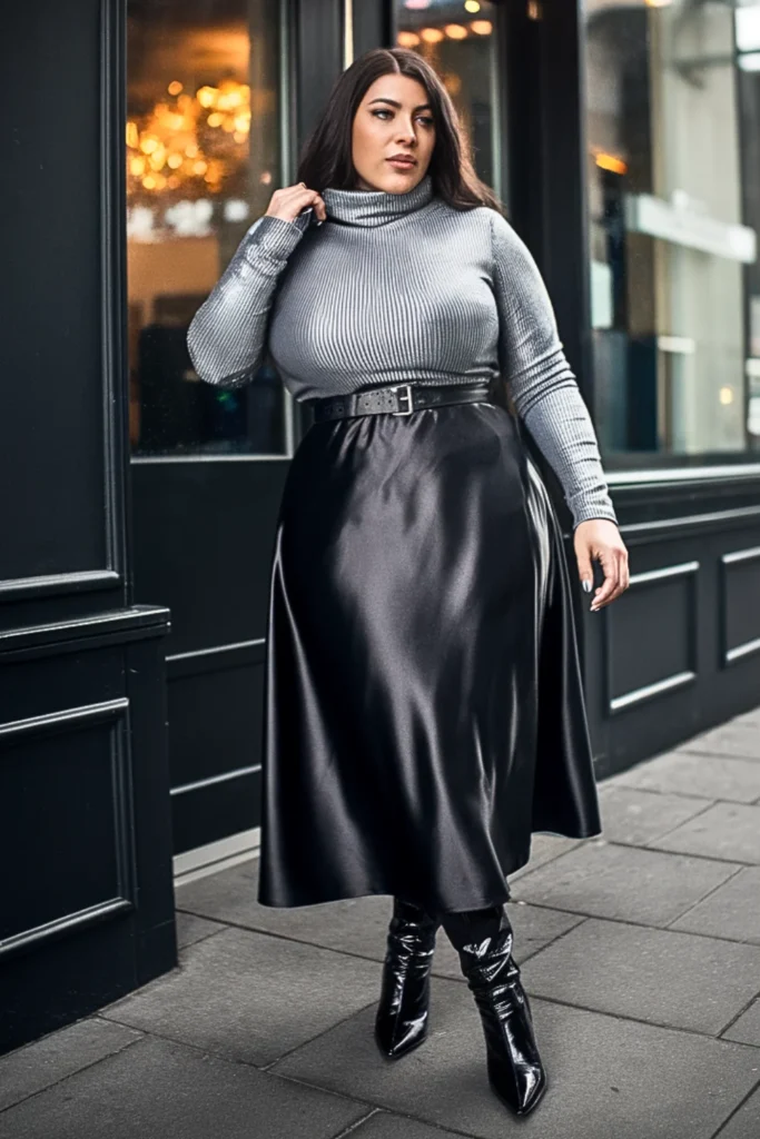 Plus Size Metallic Turtleneck With Midi Skirt Outfit
