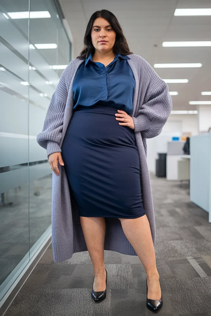 Plus Size Midi Pencil Skirt with Satin Blouse and Long Cardigan